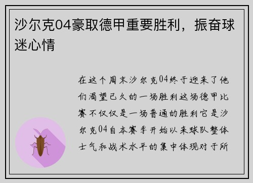 沙尔克04豪取德甲重要胜利，振奋球迷心情